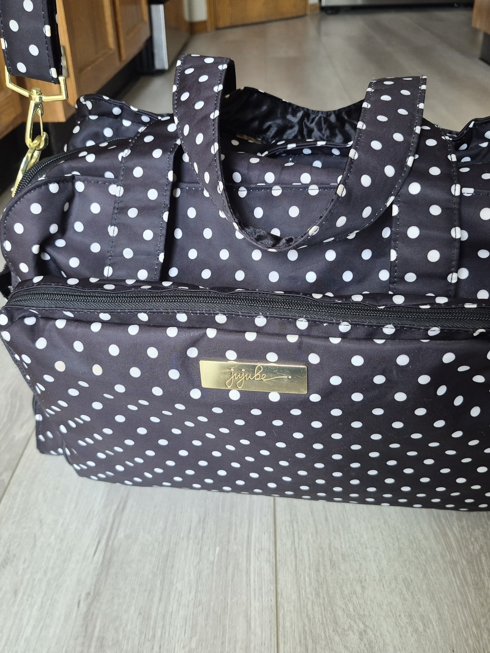 JuJuBe Black White Polka Dot Diaper Bag w/ Changing Pad & Strap